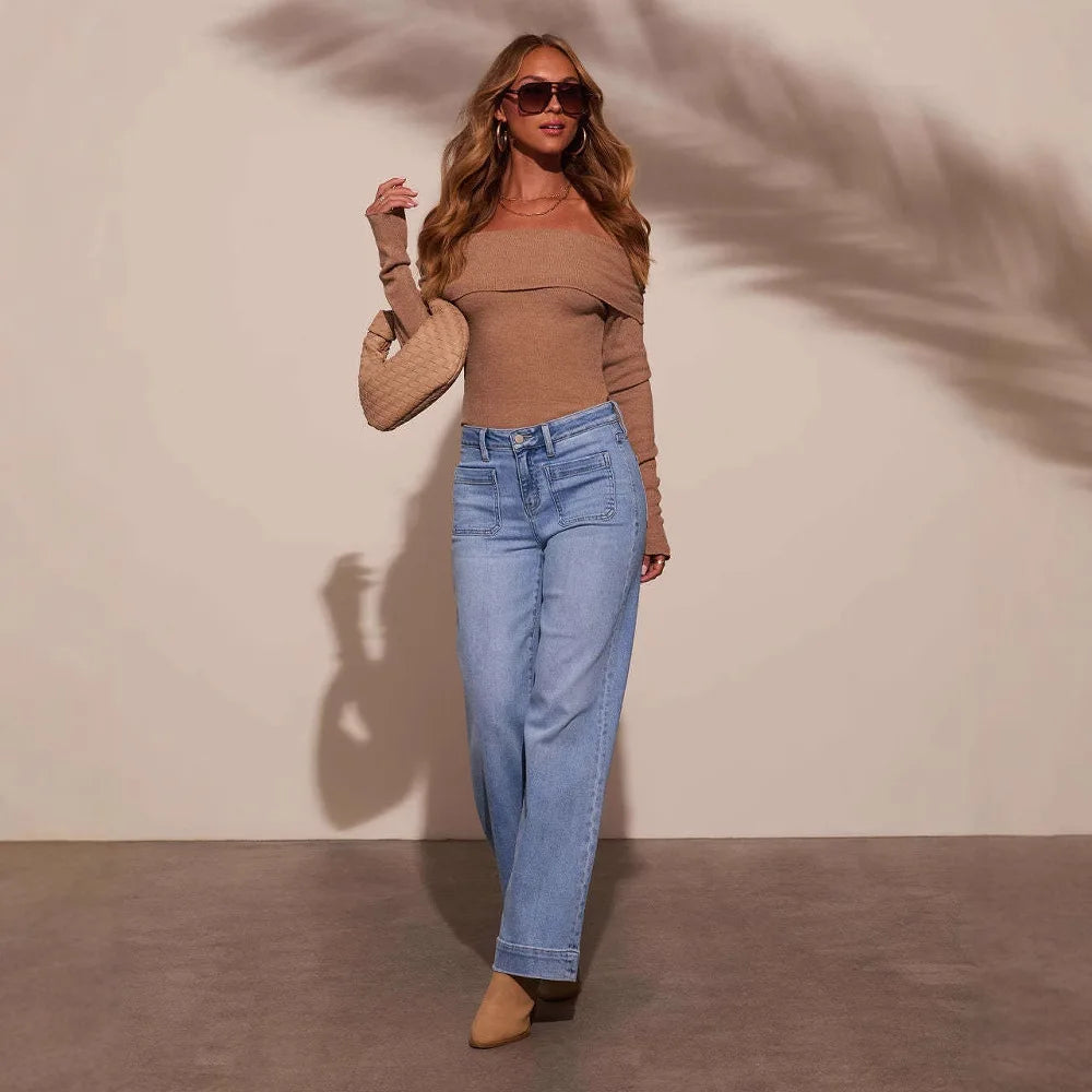 Wide Leg Pants Women Jeans Denim Long Pants Straight Trousers Vintage Button Pocket Blue Simple Loose Y2k High Waist Streetwear Aviola