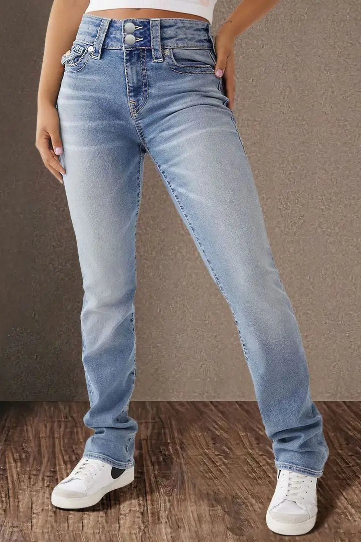Jeans Denim Pant Women Long Pants Bodycon Button Pocket Splice Straight Trousers Solid Y2k Blue Mom Mid Waist Slim Streetwear Aviola