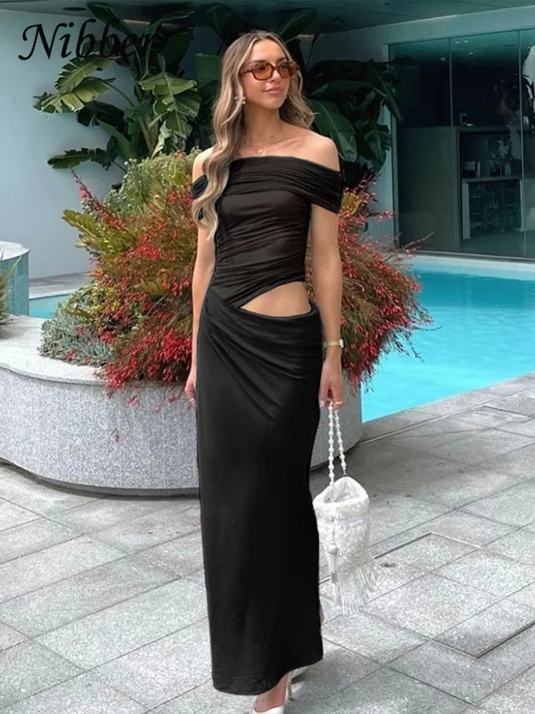 Nibber Ruched Irregular Dress Women Mesh Patchwork Slash Neck Short Sleeve Skinny Stretch Trend Elegant Long Bodycon Outfits Aviola