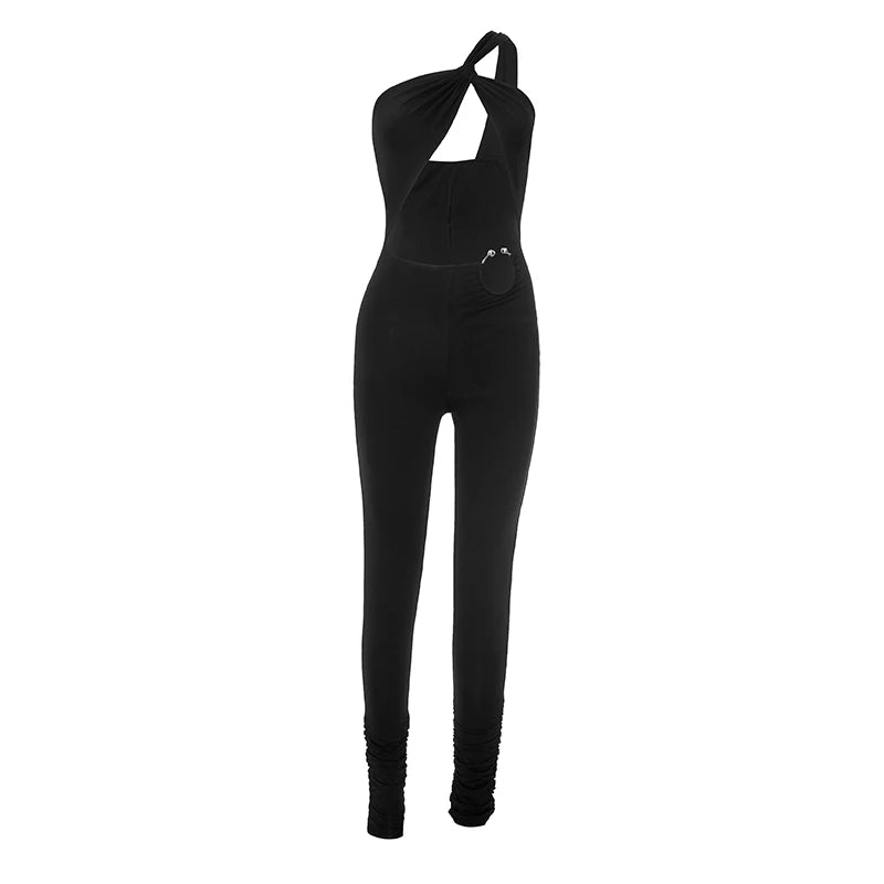 Nibber Hollow Sexy Jumpsuits Women Irregular Single Shoulder Strap Sleeveless Skinny Peach Hip Midnight Summer Fashion Overalls Aviola