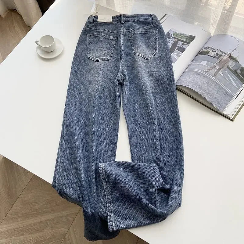 Jeans Women Wide Leg Pants Denim High Waist Zipper Fly Vintage Pockets Button Floor Length Trousers Straight Casual Denims Aviola