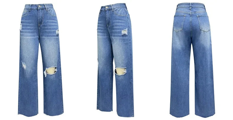 Women Jeans Ankle Length Holes Loose Flat Straight Pants Zipper Fly Pockets Solid Color High Street Slight Strech Denim Aviola