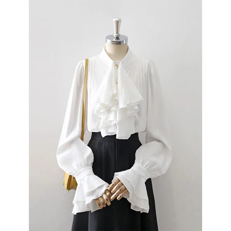 MEXZT Vintage White Shirts Women Elegant Ruffles Flare Long Sleeve Blouses Office Ladies Korean Single Breasted Design Chic Tops Aviola