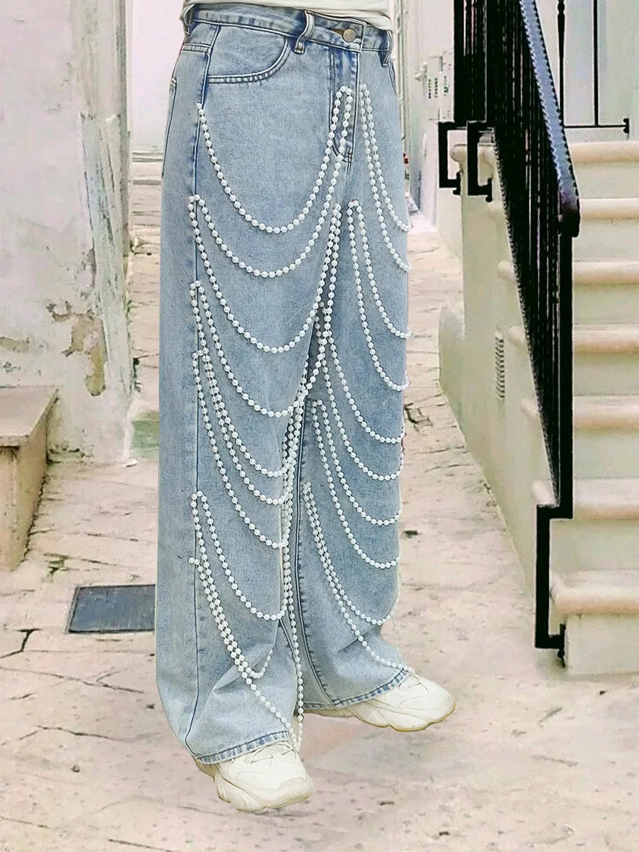 Straight Pants Women Jeans High Waist Beading Washed Distressed Vintage Mom Pockets Button 2025 Streetwear Y2k Denim Trousers Aviola