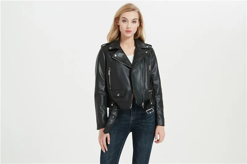 RARF Spring and Autumn 2025 New faux leather PU jacket with belt women's lapel motorcycle jacket black zip biker jacket Aviola