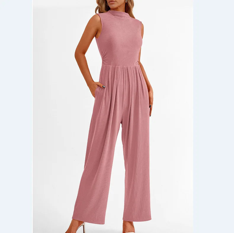 Women Jumpsuits One Piece O Neck Sleeveless Rompers Overalls Solid Wide Leg Pants Pockets High Waist Ankle Length Basics 2025 Aviola