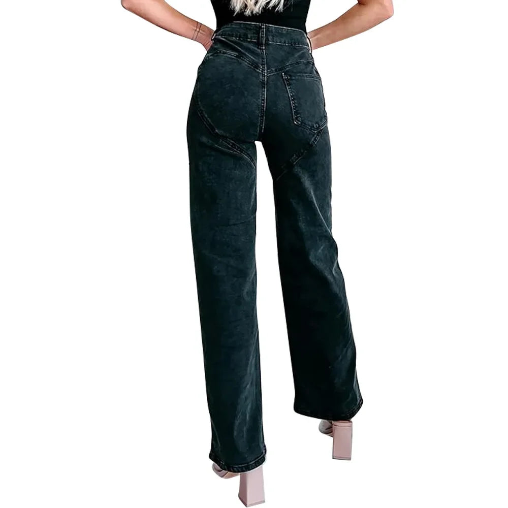 Denim Jeans for Women Streetwear Straight Pants Hole Diamonds Mid Waist Washed Distressed 2025 Casual Mom Ankle Length Trousers Aviola
