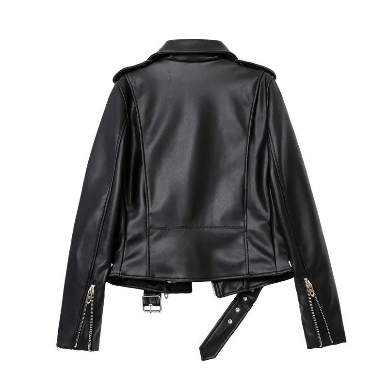 RARF Spring and Autumn 2025 New faux leather PU jacket with belt women's lapel motorcycle jacket black zip biker jacket Aviola