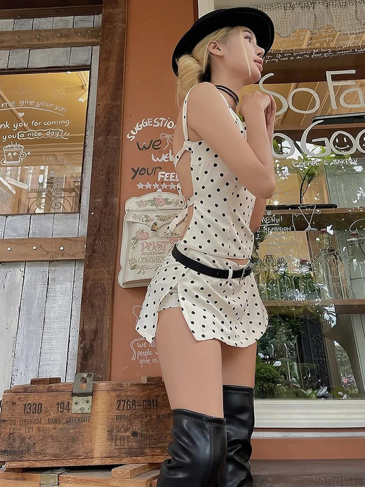 Nibber Polka Dot Print 2-Piece Set Women Backless Bandage Vest+Side Slit Mini Skirt skinny Sexy High Street Fashion Summer Suit Aviola