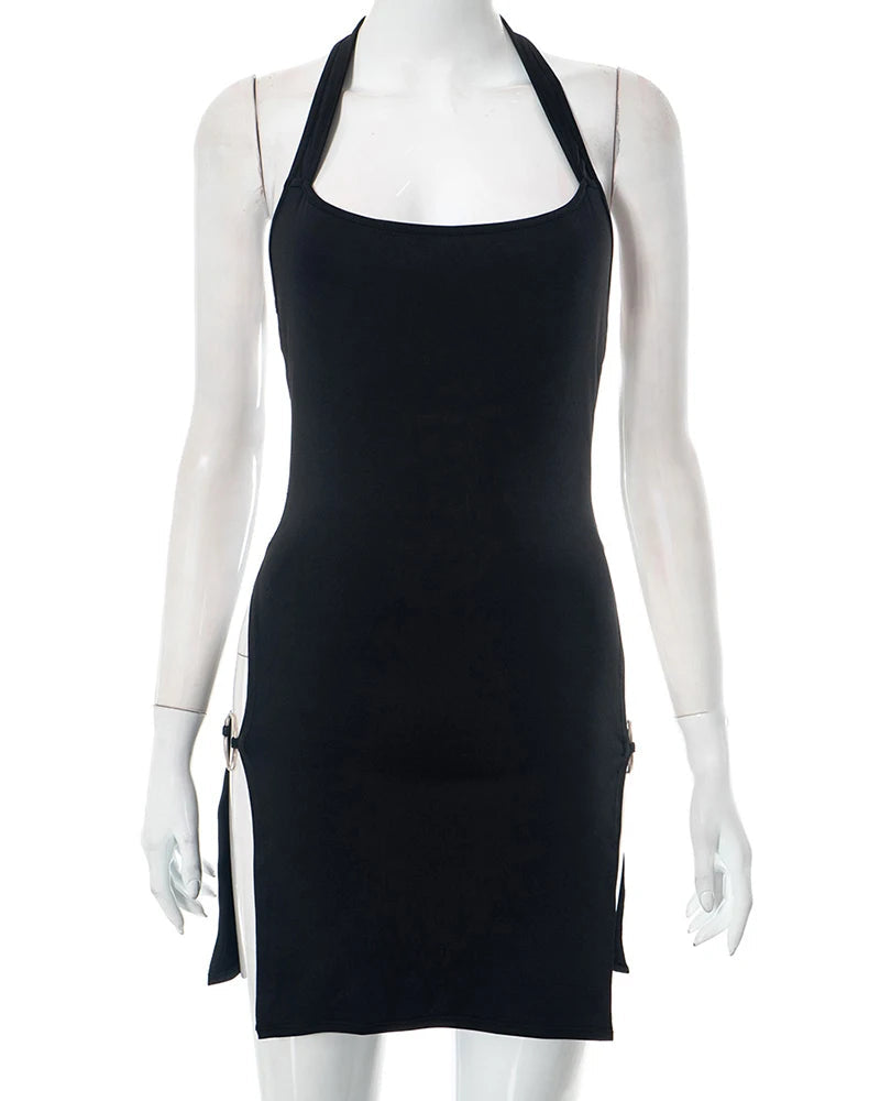 Y2K summer new solid color backless hollow hanging neck sexy spicy girl tight fitting dress Aviola