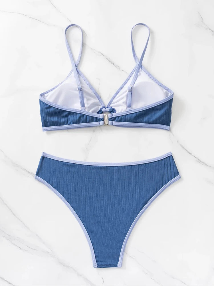 Sexy Solid Bikini 2024 Women Ring Linked Swimsuit Female Low Waist Swimwear Women Beach Micro Thong Bikini Set Bathing Suit Aviola