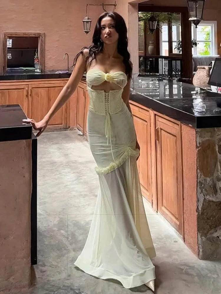 Nibber Sexy Patchwork Mesh Maxi Fishtail Dress Women Ruffles Hollow Bandage Elegant Temperament Vacation Birthday Party Vestidos Aviola
