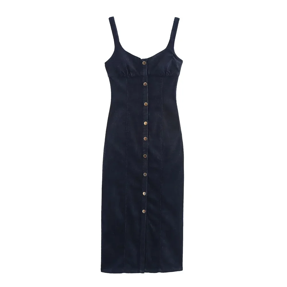 BM&MD&ZA2025Elegant Casual Single-breasted Slim Square Neck Suspender Dress Long Skirt Summer Women's Wear Aviola