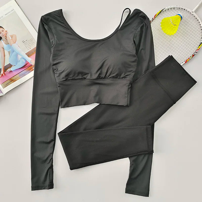 2pcs Women Yoga Set Sport Suit Gymwear Workout Clothes Long Sleeve Gym Crop Top High Waist Leggings Fitness Sports Set Yoga Wear Aviola