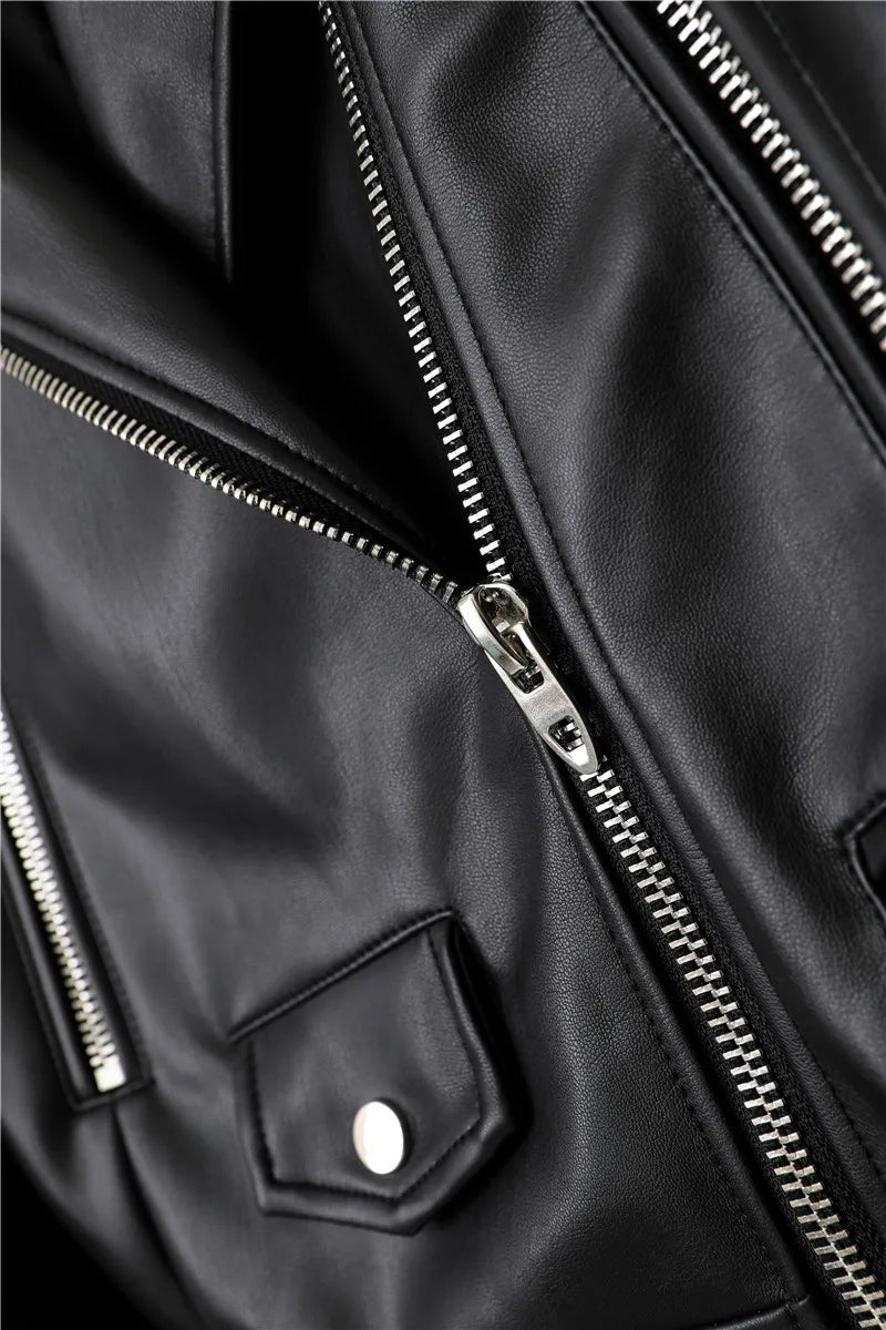 RARF Spring and Autumn 2025 New faux leather PU jacket with belt women's lapel motorcycle jacket black zip biker jacket Aviola