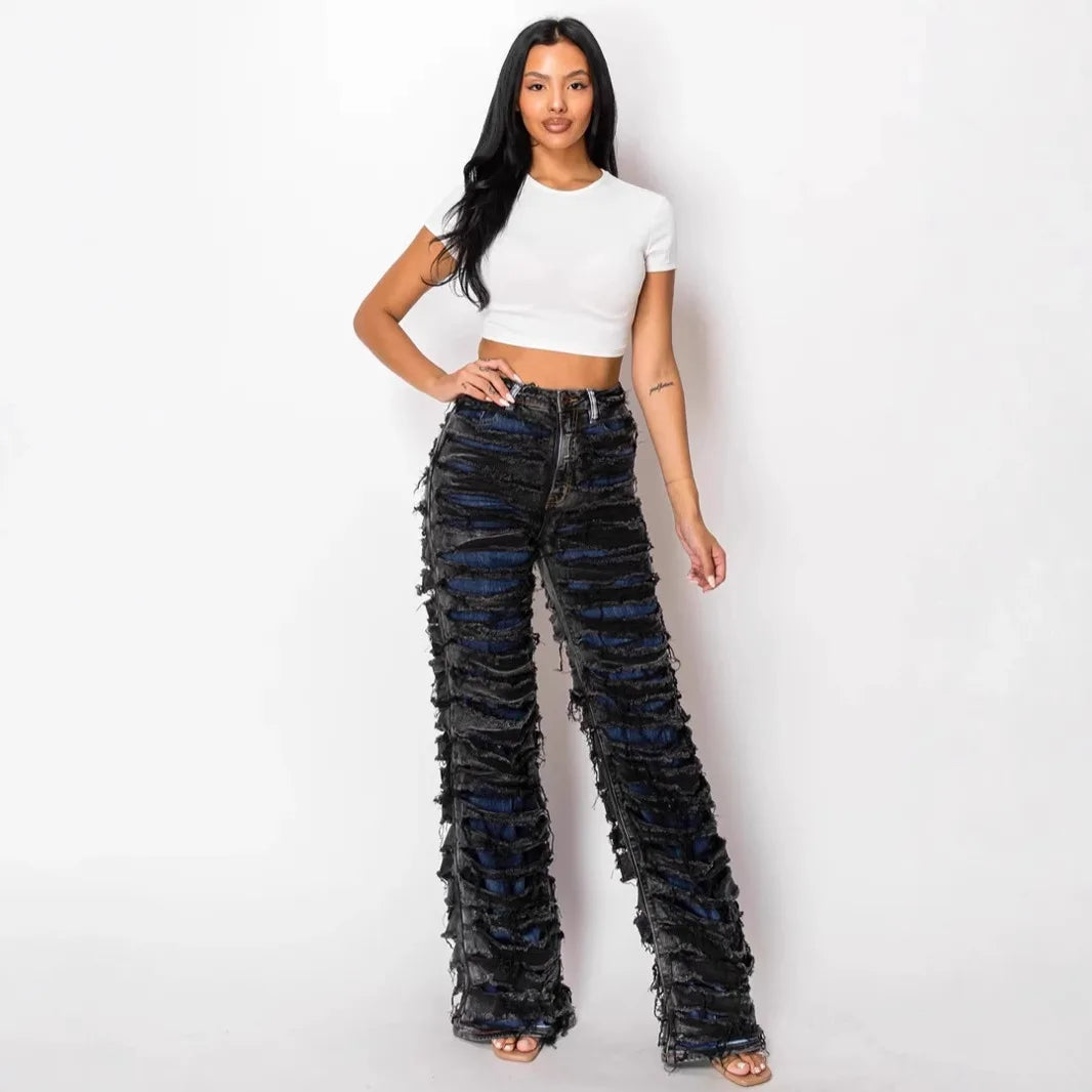 Vintage Jeans Straight Pants Women Double Hole Denim Trousers Streetwear High Waist Stretch Punk Gothic Y2k 2025 Floor Length Aviola
