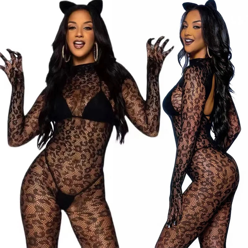 New Sexy Crotchless Lingerie Women Backless Cutout Bra Set Mesh See Through Bodystocking Full Sleeve Leopard Print Underwear Set Aviola