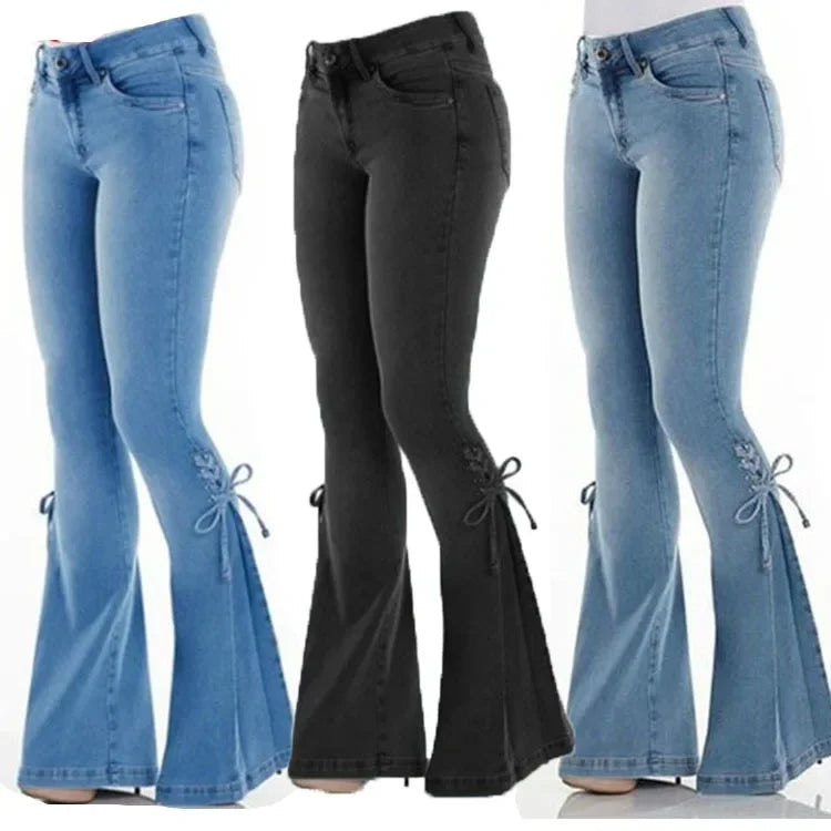 Full Length Flare Pants Women Jean Washed Denim Pants Zipper Fly Loose Fit Pockets High Waist Basics Lace Up Vintage Solid Aviola
