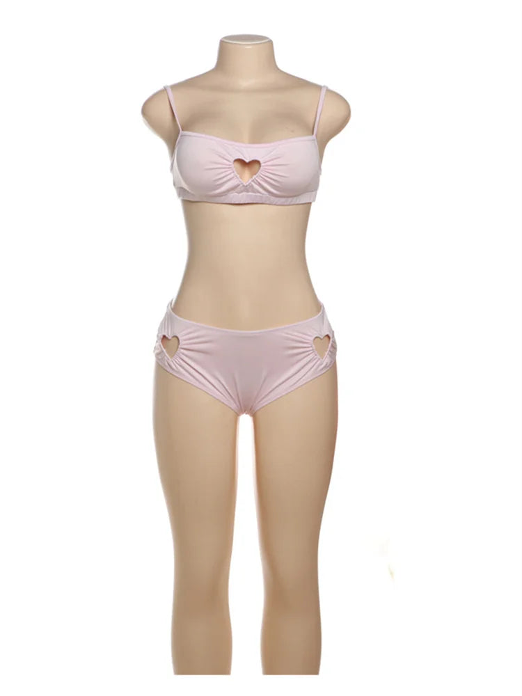 Nibber Sexy Heart Hollow 2 Piece Set Women Simple Vacation Camisole+Panties Beach Style Matching Stretch Street Comfortable Suit Aviola