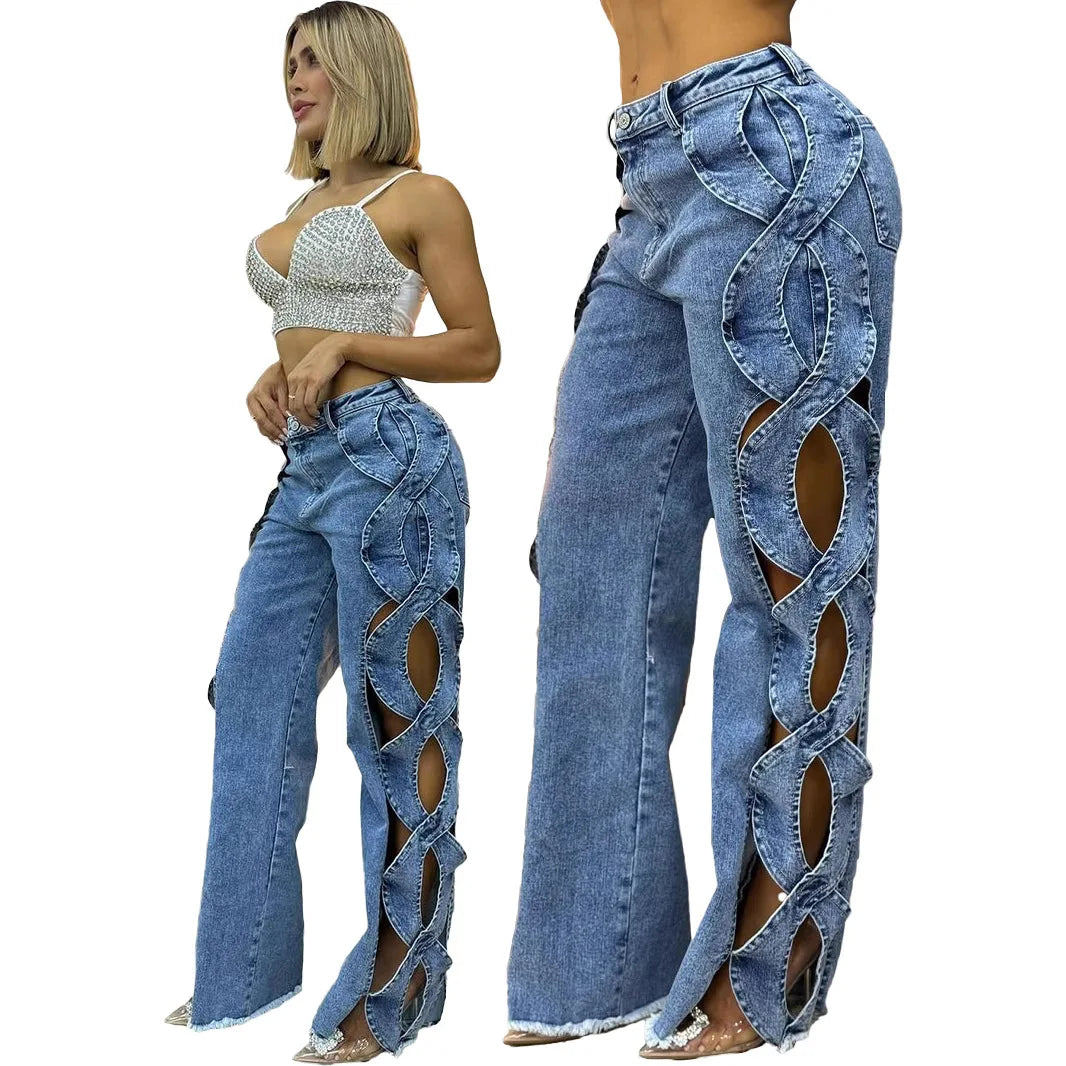 Denim Pant Women Jeans Long Pants Hollowed Out High Waist Straight Trousers Y2k Streetwear Casual Mom Jeans Night Club Summer Aviola