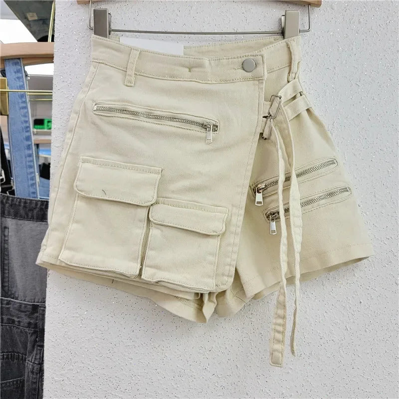 Denim Skirt Women Jeans Culottes Cargo Shorts Irregular Washed High Waist Multiple Y2k Punk Streetwear Short Pants Summer 2025 Aviola