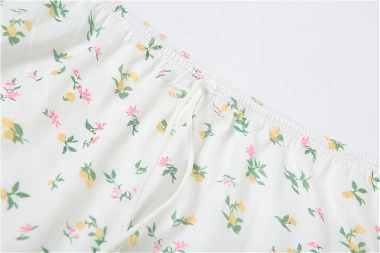 Nibber Floral Prints 2-Piece Set Women Patchwork Bows Low-Neck Suspender Tops+Bandage Loose Trousers Leisure Comfortable Suits Aviola