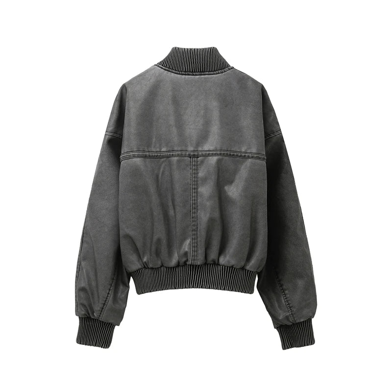RARF 2024 Women's Wash gray new do old wash Effect Bomber Jacket Thread stand collar long sleeve PU women's coat top Aviola