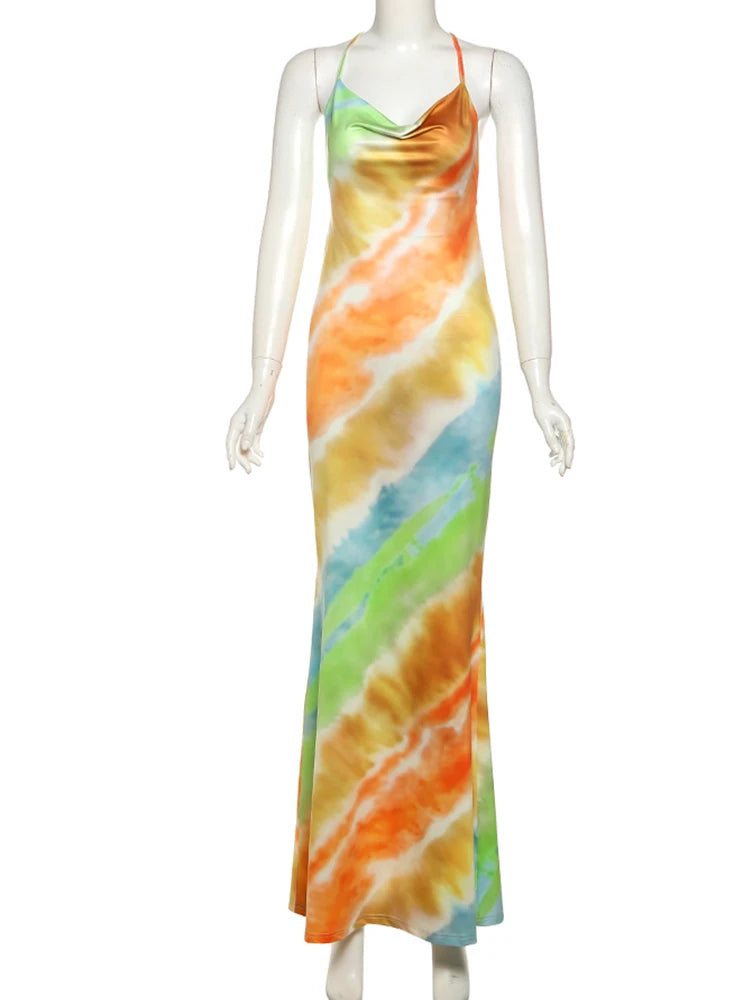 Nibber Swing Collar Colorful Fashion Maxi Dress Women Metal Chain Backless Vacation Trend Beach Party Style Elegant Vestidos Aviola