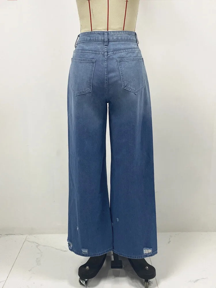 Women Denim Holes Jeans Washing Pencil Pants High Waist Zipper Mom Fly Slim Wide Leg Pockets Full Length Spring 2025 Streetwear Aviola