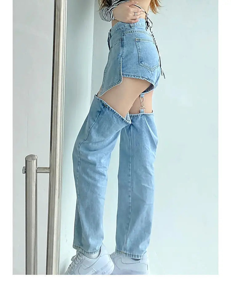 Denim Pant Women Jeans Wide Leg Long Pants Hole Two Fakes High Waist Straight Trousers Y2k Streetwear Elegant Work Summer Aviola