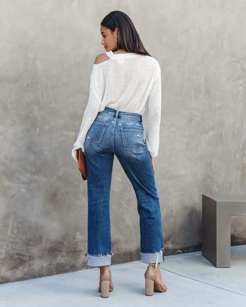 Women Jeans Straight Pants Denim Pockets High Waist Loose Fit Solid Ankle Length Streetwear Distressed Washing Zipper Flat Aviola