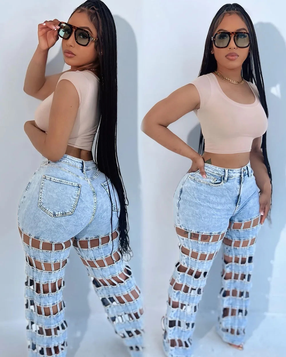 Denim Pant Women Jeans Long Pants Hollow Out High Waist Straight Mom Trousers Y2k Streetwear Elegant Splice Hole Casual Work Aviola