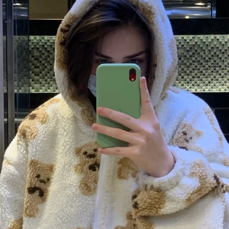 Y2K imitation lamb plush women's cotton jacket, little bear couple loose and lazy style, winter thick hooded jacket Aviola