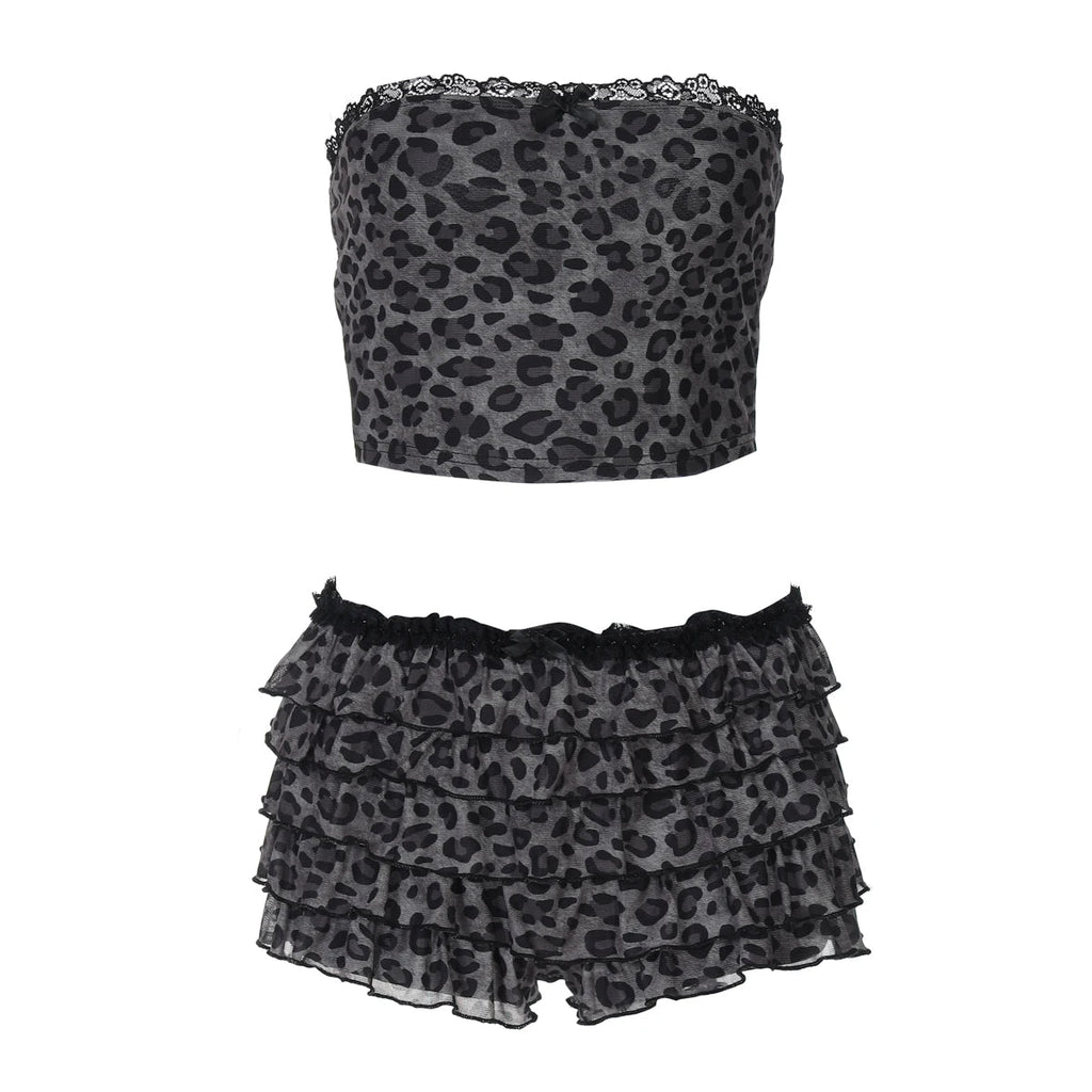 Nibber Sexy Leopard Print 2 Piece Set Women Mesh Patchwork Strapless Tops+Ruched Tierred Shorts  Hottie Street Hipster Suits Aviola