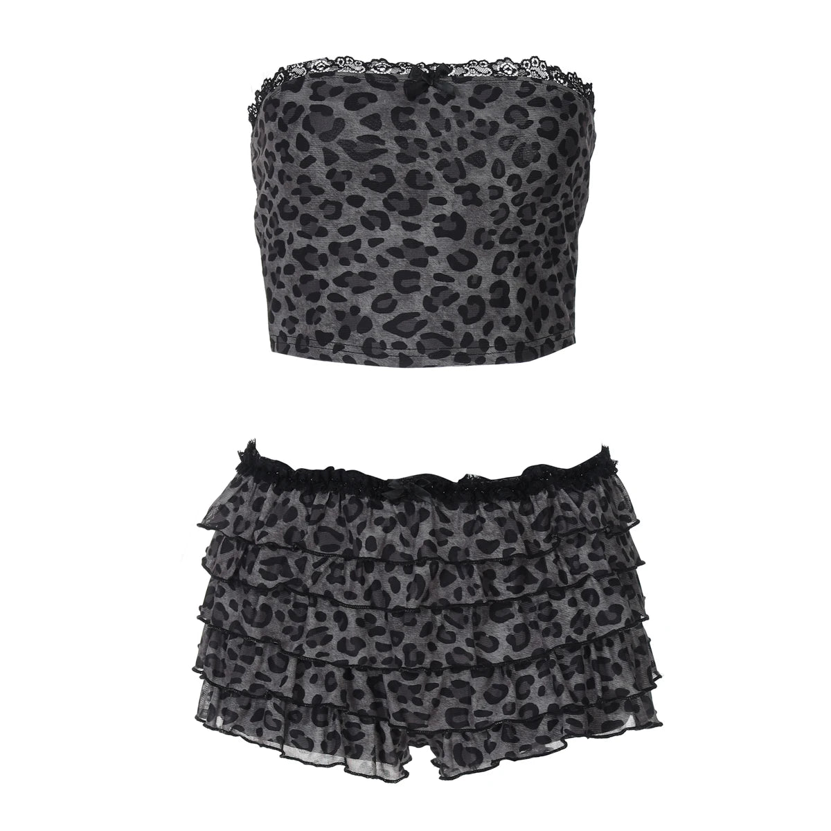 Nibber Sexy Leopard Print 2 Piece Set Women Mesh Patchwork Strapless Tops+Ruched Tierred Shorts  Hottie Street Hipster Suits Aviola