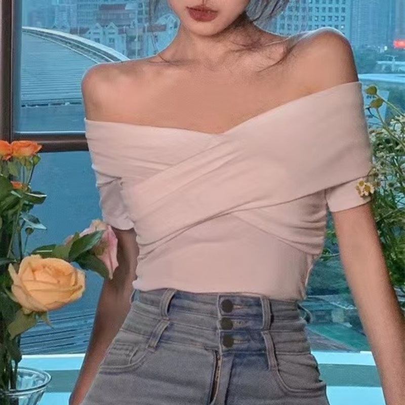 MEXZT Vintage Slash Neck T Shirts Women Streetwear Sexy Cross White Crop Tops Summer Korean Elegant Short Sleeve Design Tees New Aviola