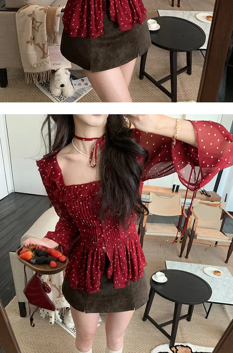 MEXZT Vintage Polka Dots Shirts Women Elegant Red Ruffles Lace Up Blouses Summer Korean Square Collar Long Sleeve Design Tops Aviola