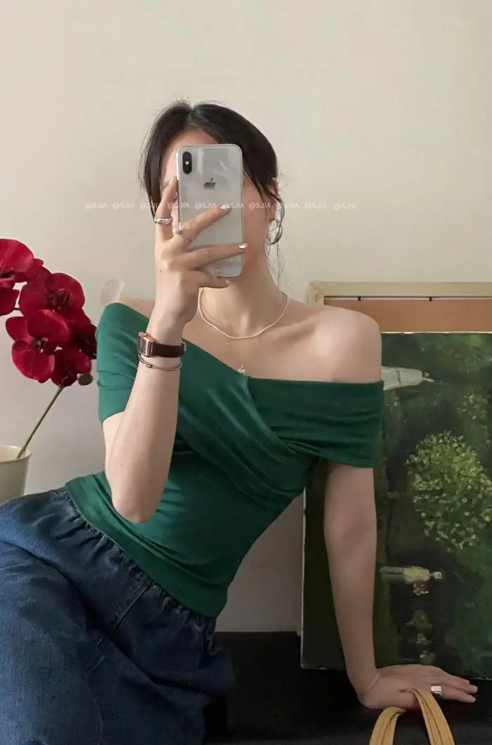 MEXZT Vintage Slash Neck T Shirts Women Streetwear Sexy Cross White Crop Tops Summer Korean Elegant Short Sleeve Design Tees New Aviola