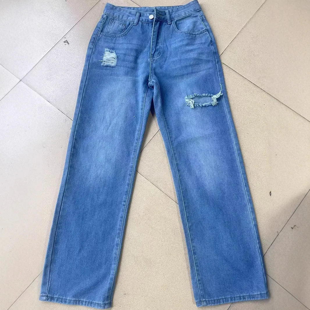 Mom Jeans Women Denim Pant Wide Leg Long Pants Hole High Waist Straight Trousers Y2k Streetwear Work Splice Casual 2025 Punk Aviola