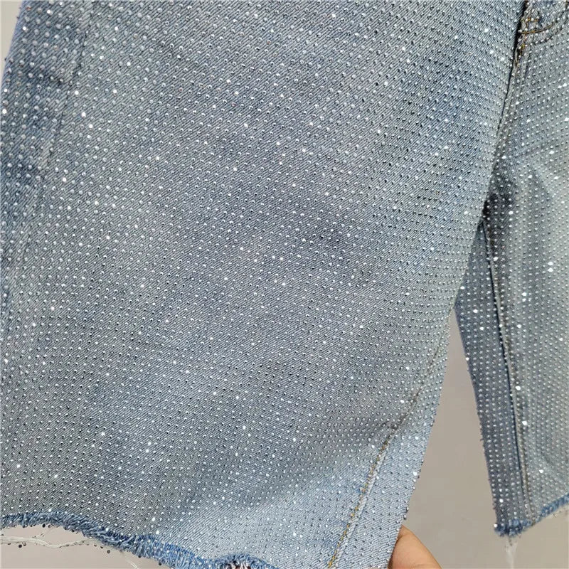 Denim Shorts Women Short Pants Diamonds High Waist Distressed Washed Y2k Punk Knee Length Streetwear Summer 2025 Straight Jeans Aviola