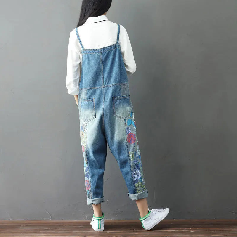 Overalls Women Suspenders Sling Jumpsuits Denim One Piece Wide Leg Long Pants High Waist Rompers Y2k Streetwear Print Floral Aviola