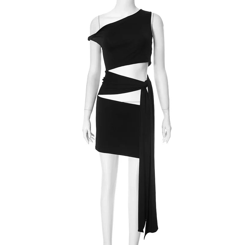 Nibber Irregular Hollow Dress Women Knot Off-The-Shoulder Bandage Biased Collar Sexy Fit Sleeveless Solid Midnight Mini Bodycon Aviola
