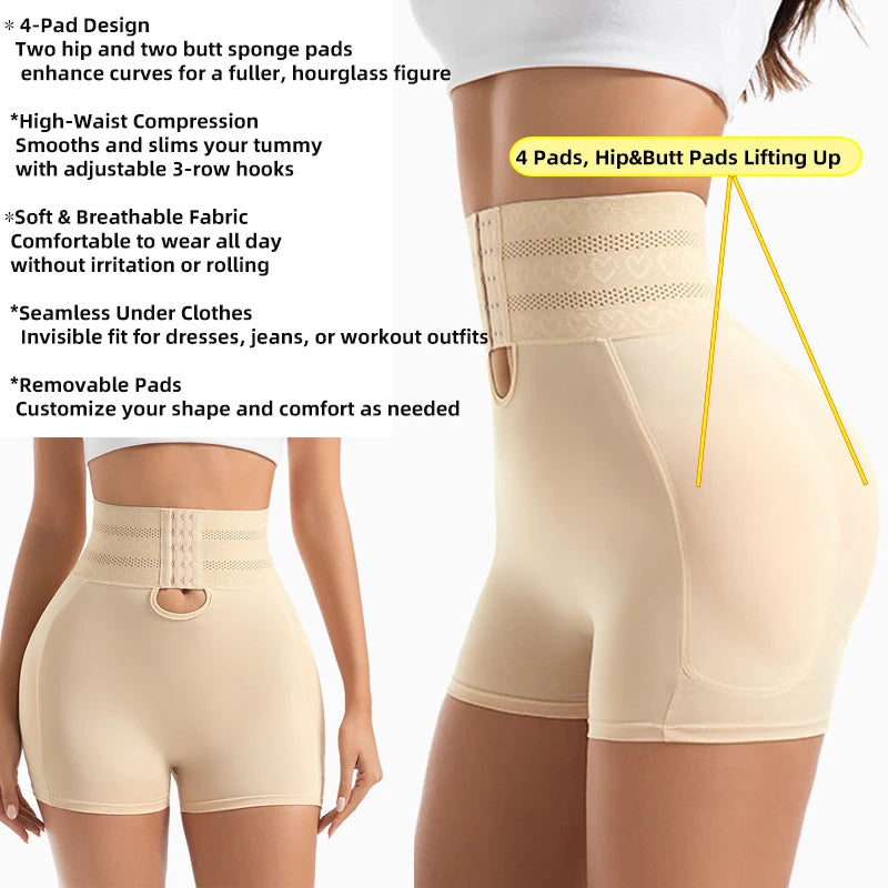 4 Pads Body Shaper Women Hip and Butt Lifter Shapewear Tummy Control Panties Waist Trainer with 3-Row Hooks Slimming Underwear Aviola