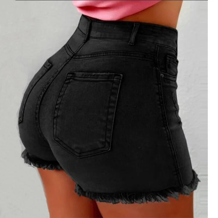 Shorts Denim Women Holes Jeans Mom Skinny High Waist Pockets Zipper Fly Blue Tassel Slight Strech Streetwear 2025 Sexy Bodycon Aviola