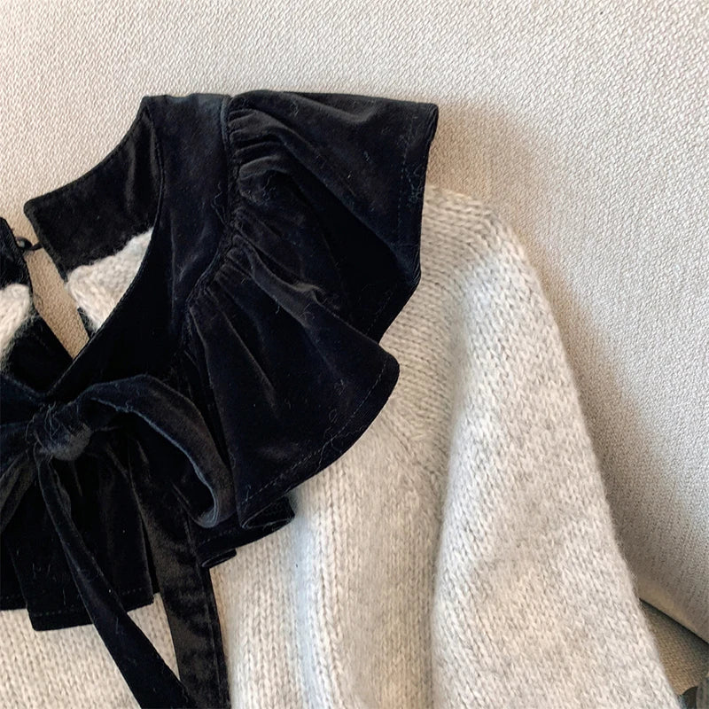 MEXZT Vintage Bow Sweater Women Streetwear Velvet Patchwork Knitted Pullovers Long Sleeve Knitwears Winter Korean Casual Jumpers Aviola