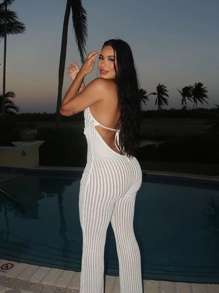 Nibber Knitted Lace-Up Jumpsuit Women Backless Halter Flower Applique Sleeveless 2025 Summer Vacation Trend Classic Overalls Aviola