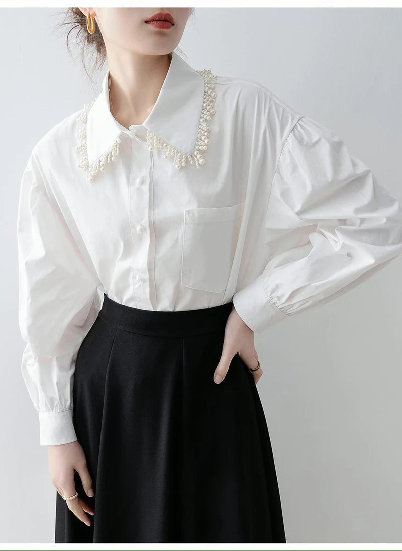 MEXZT Elegant White Shirts Women Fashion Beading Patchwork Blouses Office Ladies Korean Long Sleeve Pocket Design Casual Tops Aviola