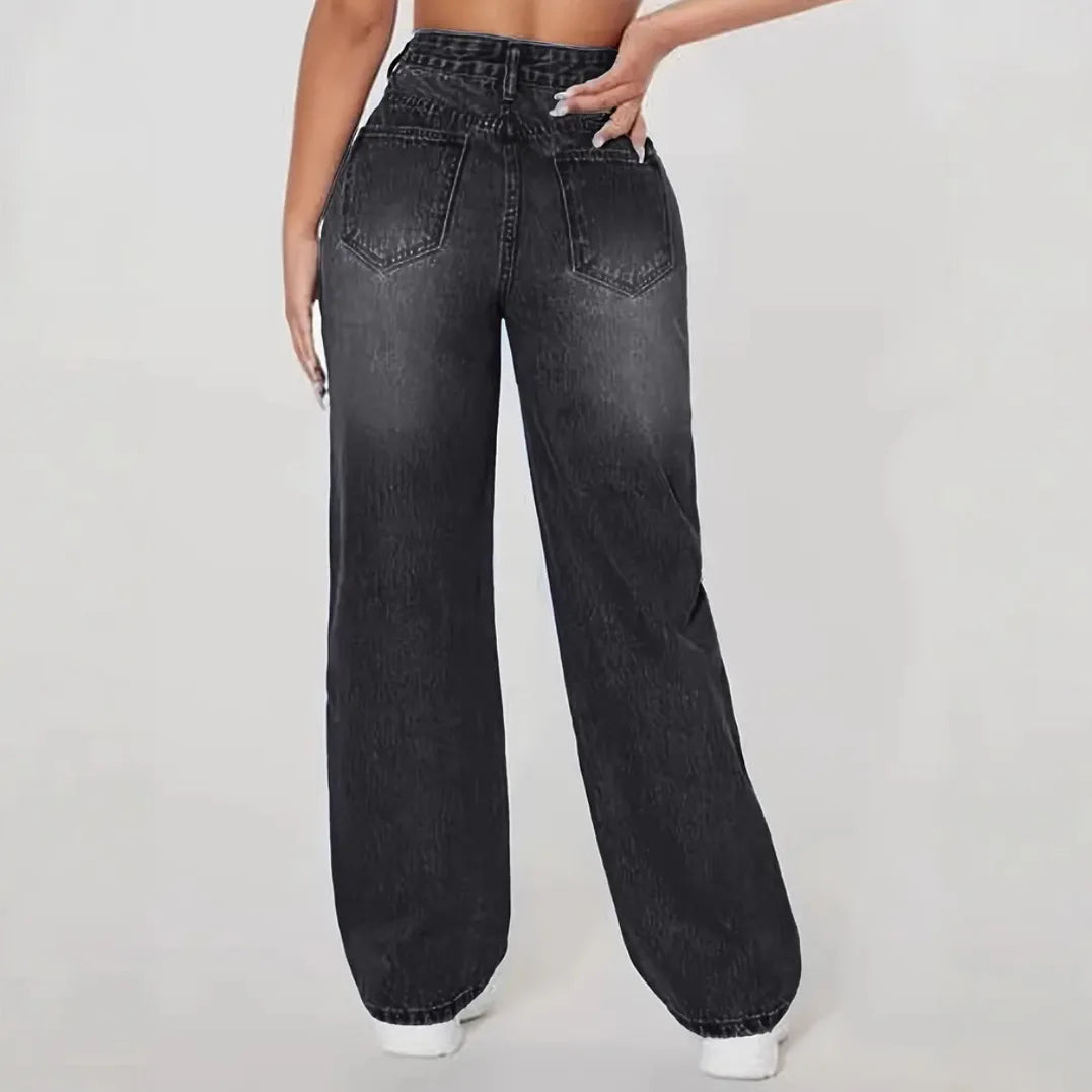 Mom Jeans Women Denim Pant Wide Leg Long Pants Hole High Waist Straight Trousers Y2k Streetwear Work Splice Casual 2025 Punk Aviola