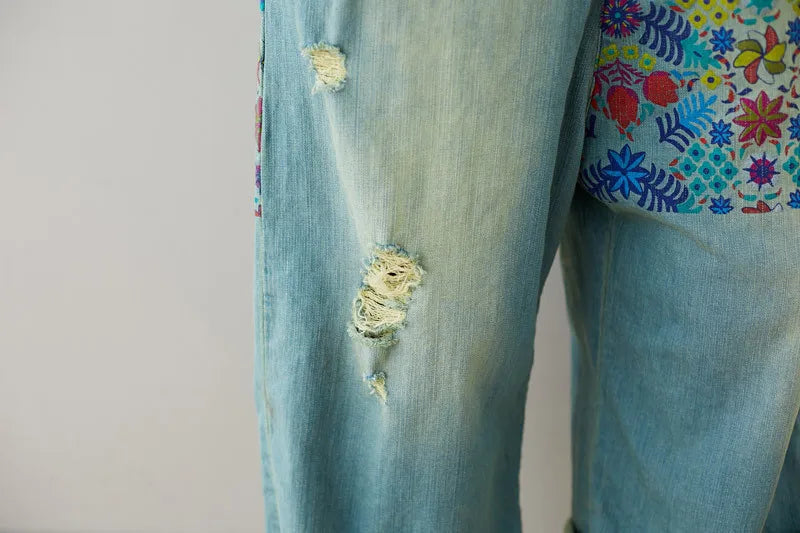 Jean Women Overalls Washed Denim Bleached Wide Leg Pants Hole Ripped Ankle Length Jeans Distressed Pockets Print Casual Aviola