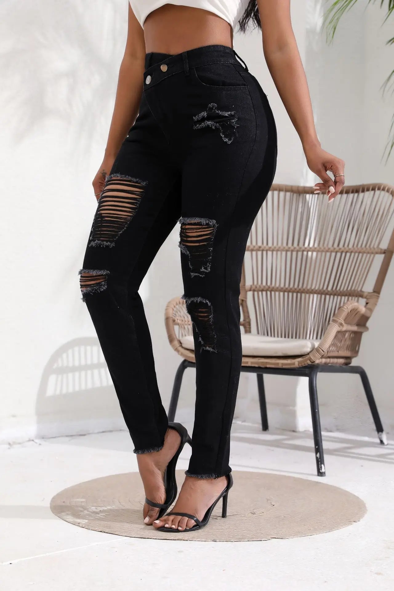 Jeans Women High Waist Pencil Pants Holes Denim Slim Fit Pockets Sexy Streetwear Mom Jeans Sheath Distressed Ankle Length 2025 Aviola